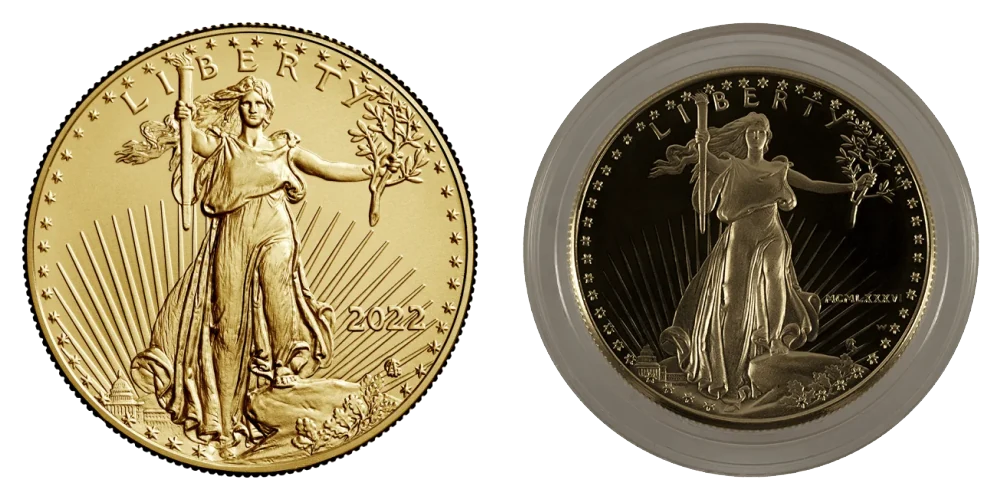 A bullion Gold Eagle beside a proof Gold Eagle in its capsule