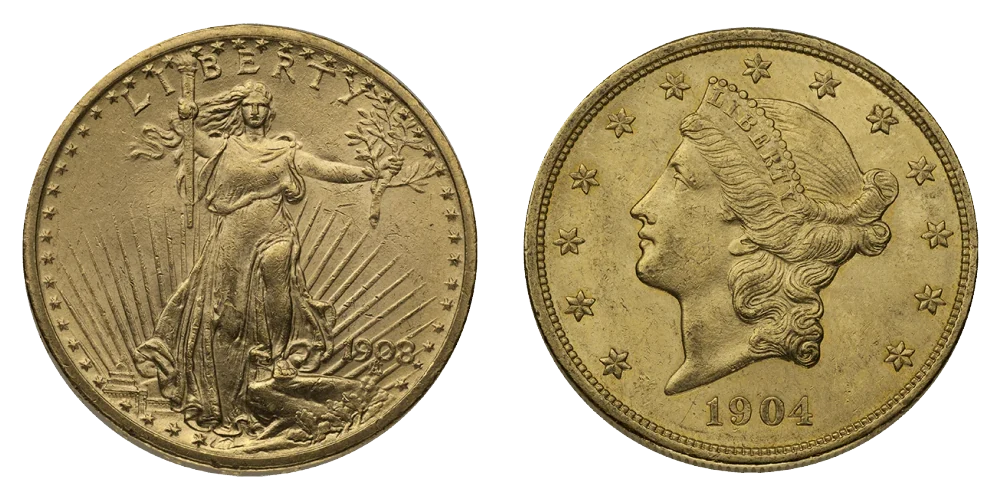 Saint-Gaudens and Liberty Head twenty-dollar double eagles side by side