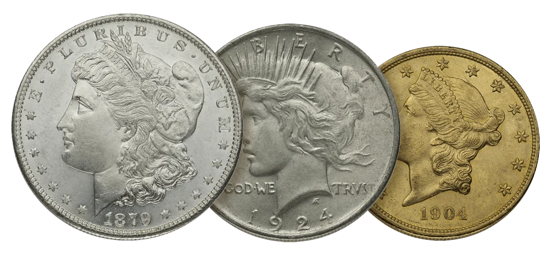 A Morgan dollar, a Peace dollar and a Liberty Head twenty-dollar gold piece