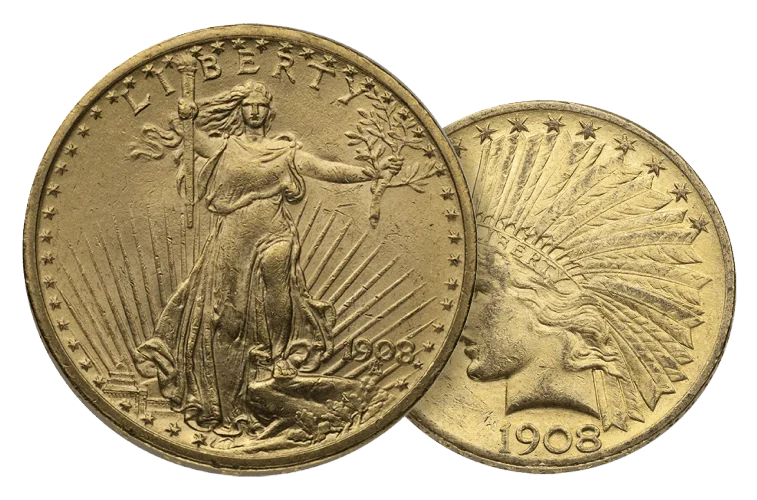 Saint-Gaudens twenty-dollar double eagle beside a ten-dollar Indian Head eagle, both obverse