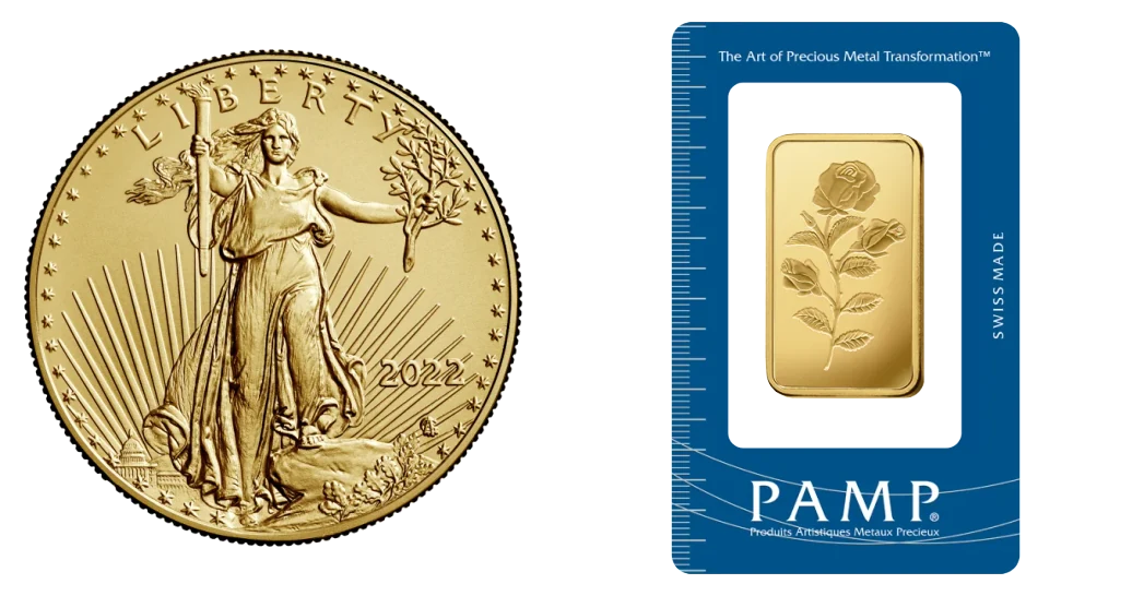A one-ounce American Gold Eagle and a one-ounce gold bar in its assay card