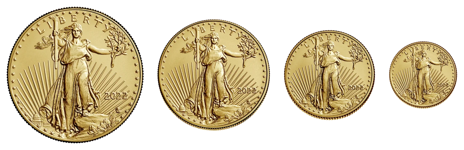 The four American Gold Eagle sizes laid in a row, largest to smallest