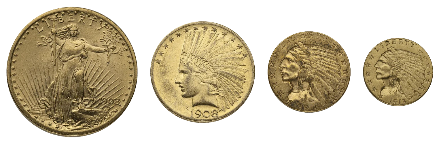 Saint-Gaudens double eagle with the ten-, five- and two-and-a-half-dollar Indian Head coins
