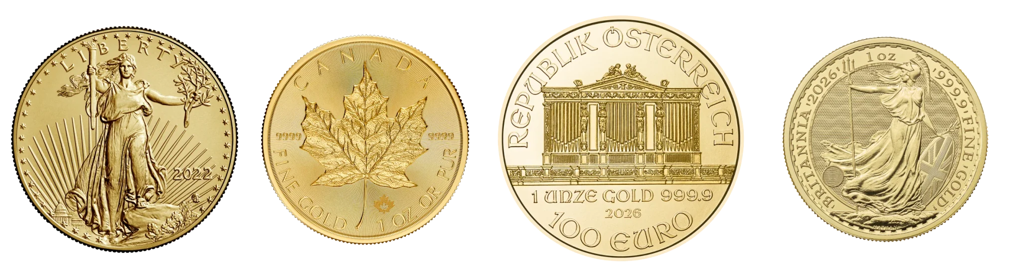American Gold Eagle with a Canadian Maple Leaf, Austrian Philharmonic and British Britannia