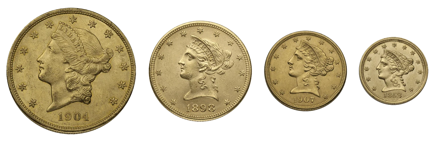 Four Liberty Head gold coins in a row, from the twenty-dollar double eagle down to the quarter eagle