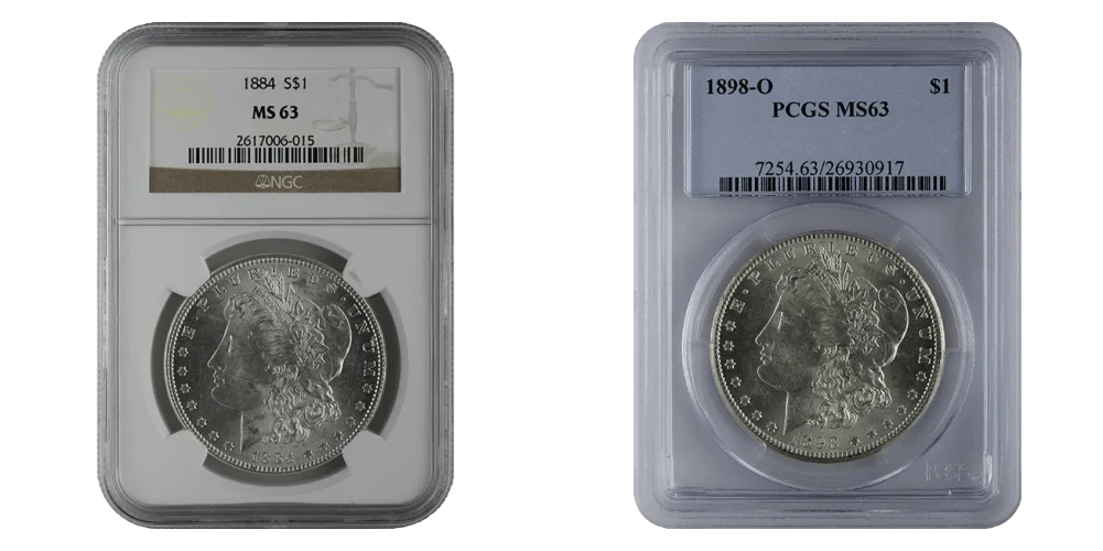 Two certified Morgan dollars, one in an NGC holder and one in a PCGS holder