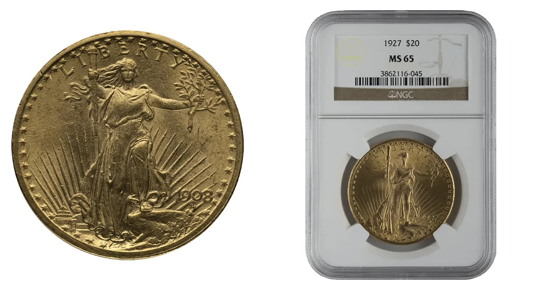 A raw Saint-Gaudens double eagle beside one certified MS65 in an NGC holder