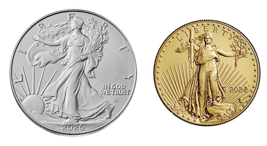 One-ounce American Silver Eagle beside a one-ounce American Gold Eagle