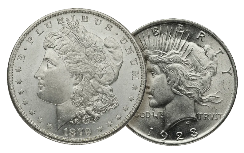 Morgan silver dollar beside a Peace silver dollar, both obverse