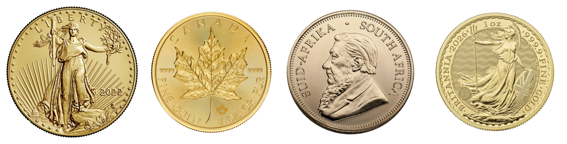 American Gold Eagle with a Canadian Maple Leaf, South African Krugerrand and British Britannia