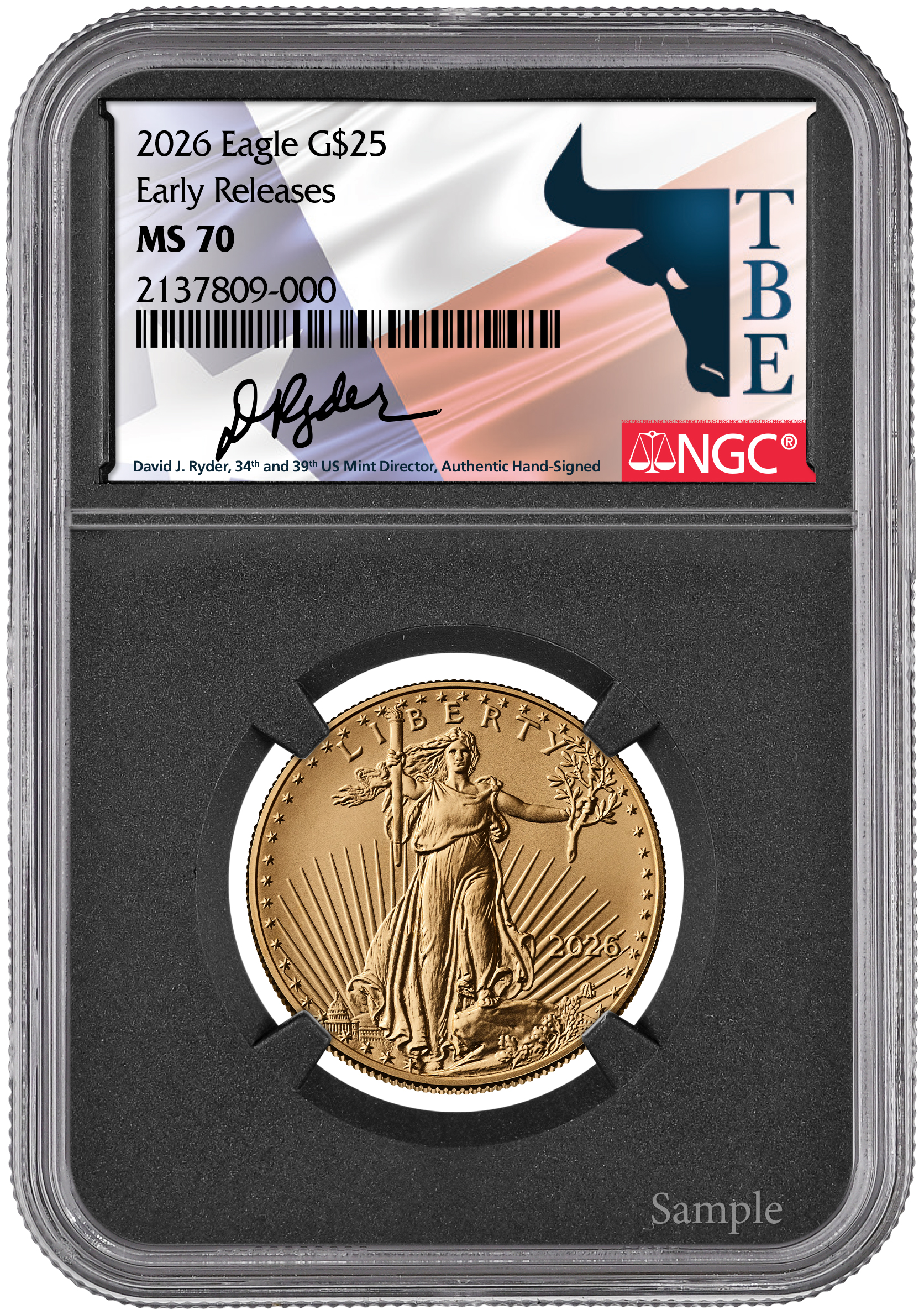 2026 $25 American Gold Eagle NGC Texas Bullion David Ryder Black Core Early Release MS70