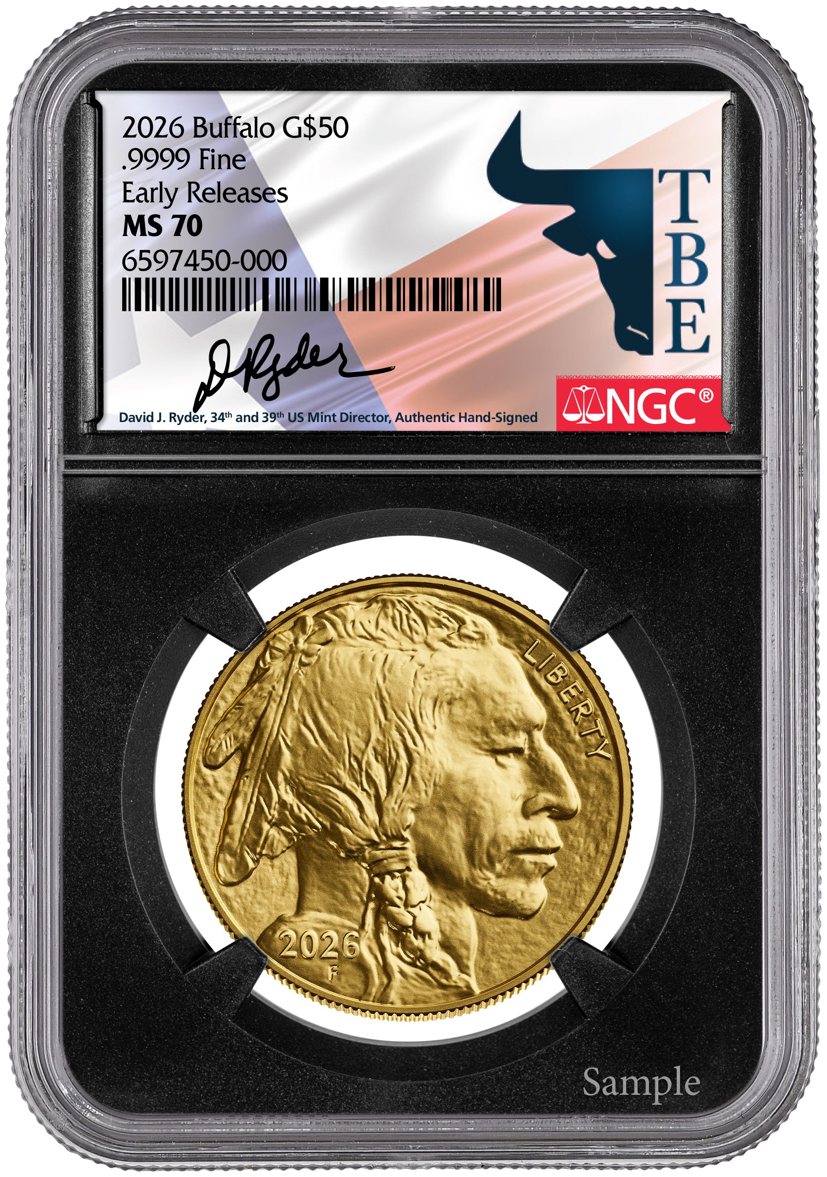 2026 $50 American Gold Buffalo NGC Texas Bullion David Ryder Black Core Early Release MS70 