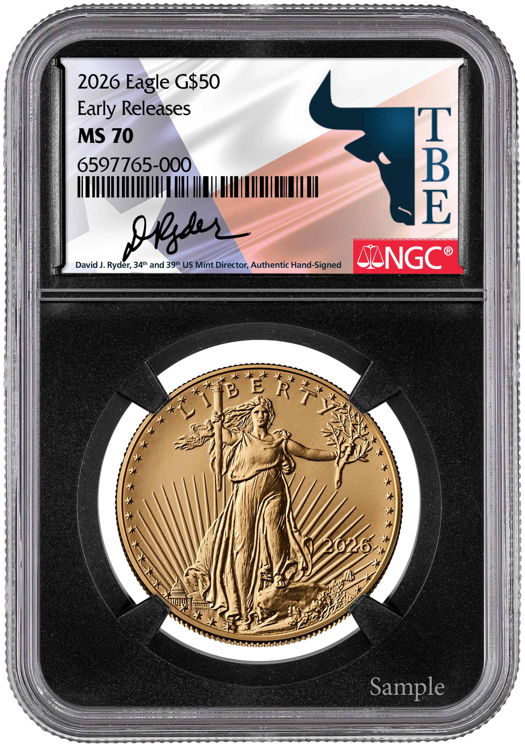 2026 $50 American Gold Eagle NGC Texas Bullion David Ryder Black Core Early Release MS70